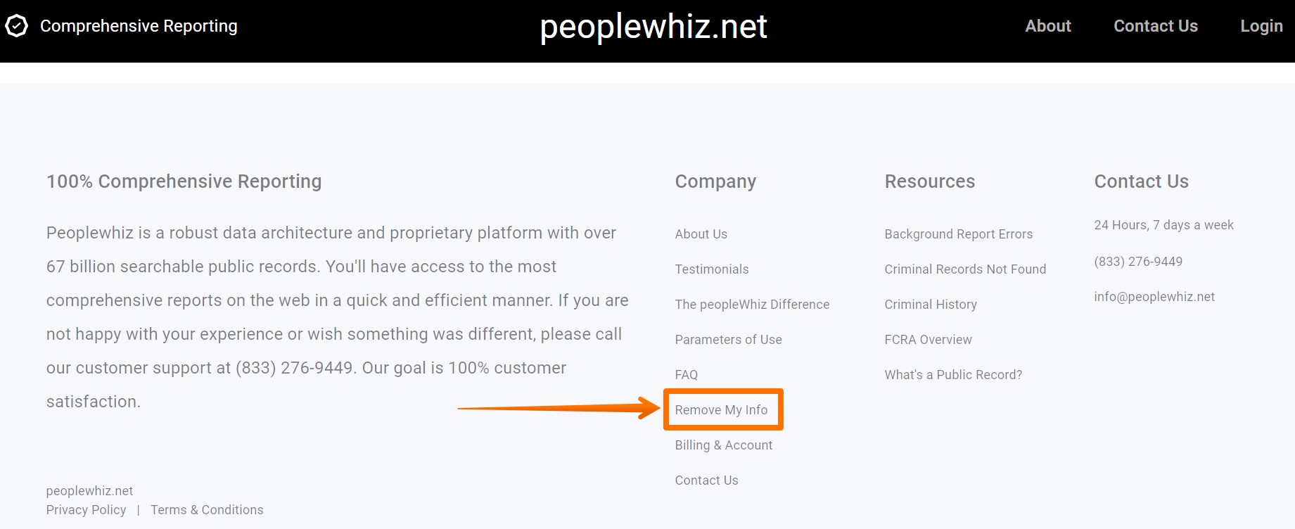 Open PeopleWhiz.net, scroll down and click the "Remove My Info" link to access the opt-out page
