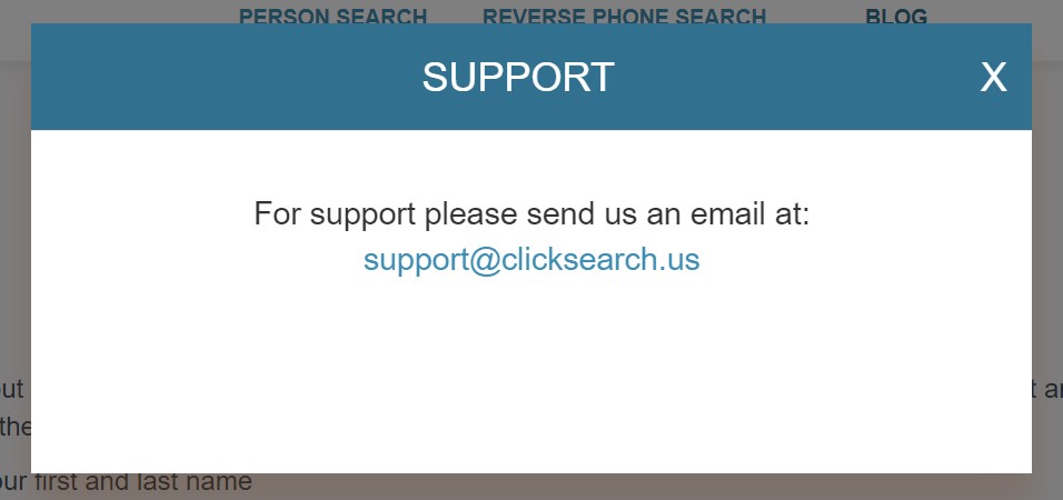 However, once you click the 'Support' button, it requests you to contact the support team via support@clicksearch.us