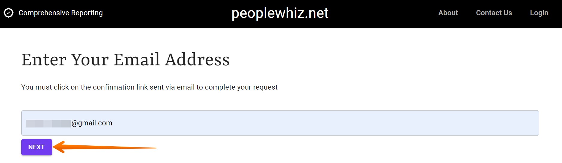Provide a valid email address to receive a verification email from PeopleWhiz.net and click the "Next" button