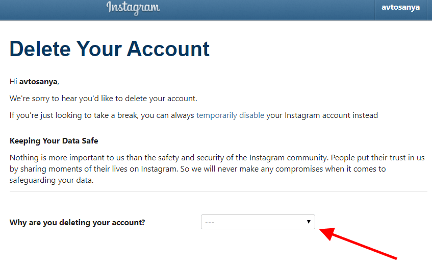Delete My Account Instagram Page with the reasons for deleting your account. 