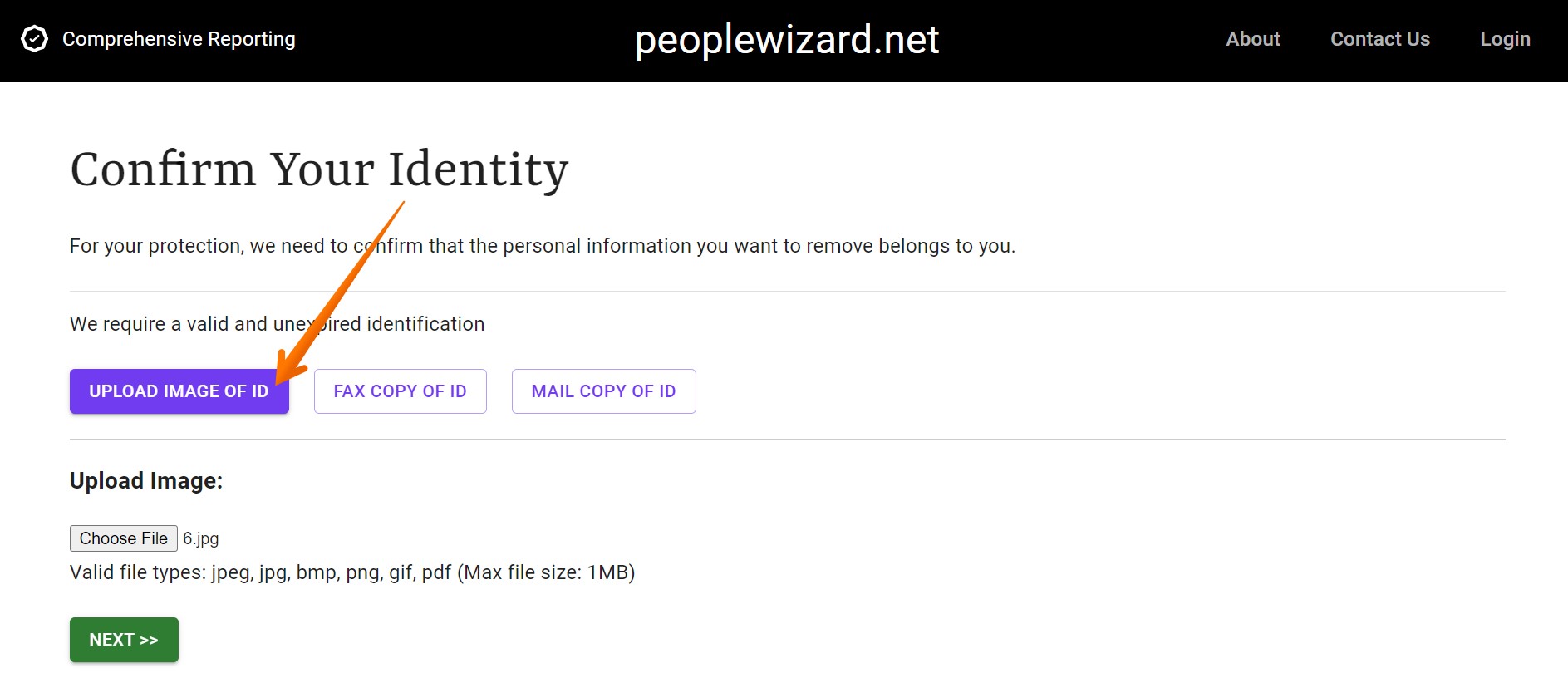 Upload any image to verify your identity (you don’t need to use a real one)