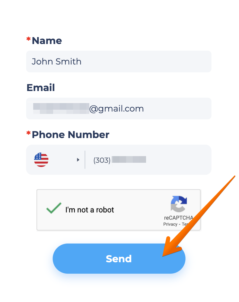 Fill out the required information: enter your full name, email address, phone number, perform the Captcha and click the "Send" button