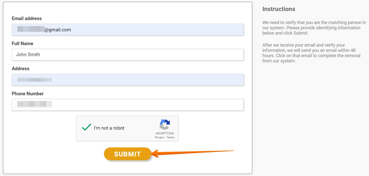 To submit an opt-out request, enter a valid email address, your full name, address, phone number, and click “Submit”