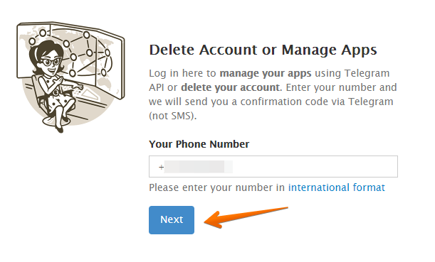 Delete Account or Manage Apps Dashboard on Telegram