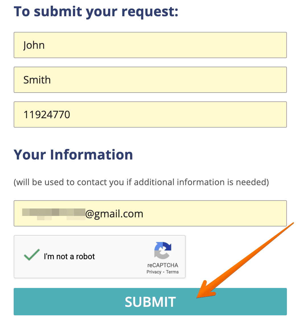 To submit your removal request, fill out your first and last name, paste your Record ID number, enter a valid email address, perform the CAPTCHA and click the “Submit” button