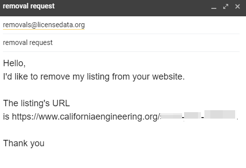 Send your removal request to removals@licensedata.org. Include your listing's URL