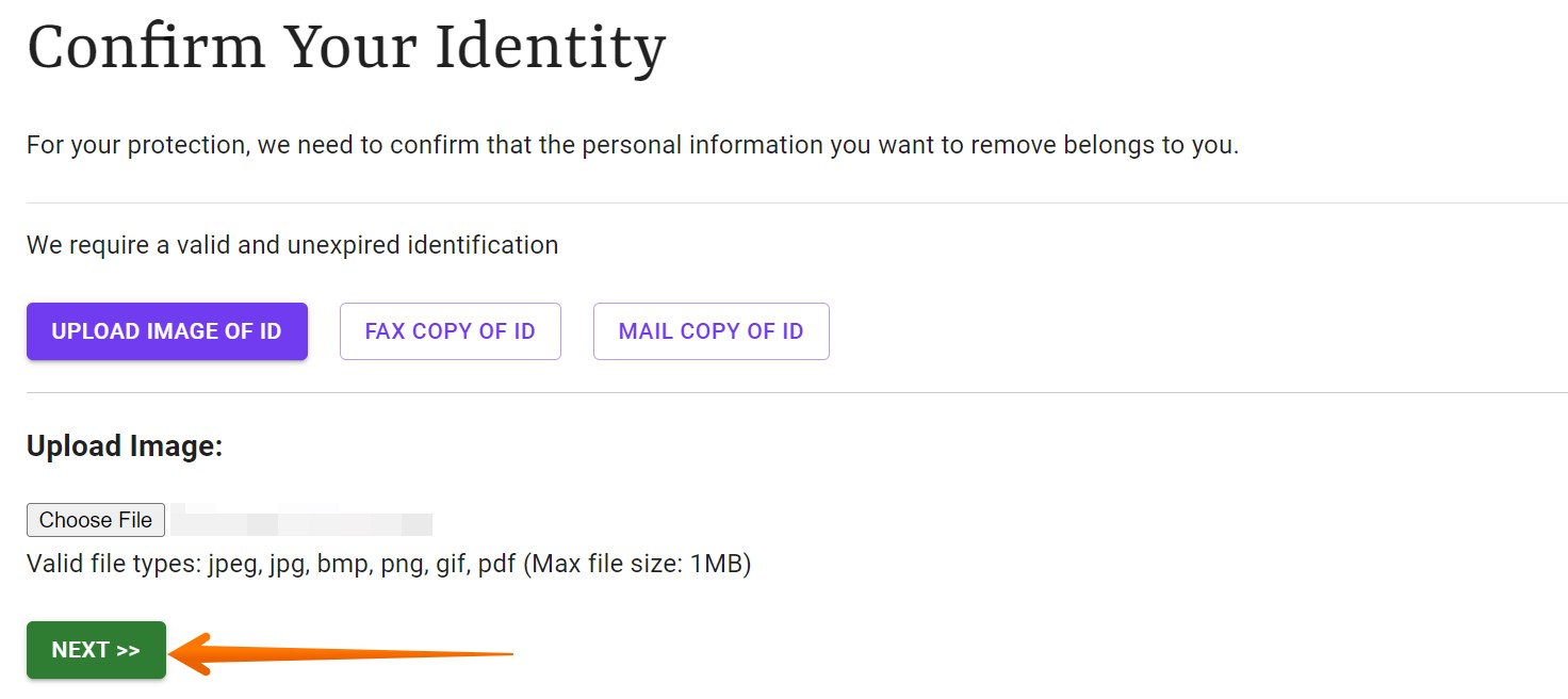 At this point, PeopleWhiz.net will ask for an ID copy to verify your identity